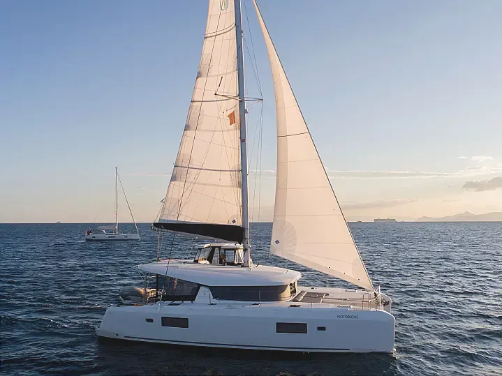 Exterior view of Notorious, a Lagoon 42 catamaran at Lefkada, Greece