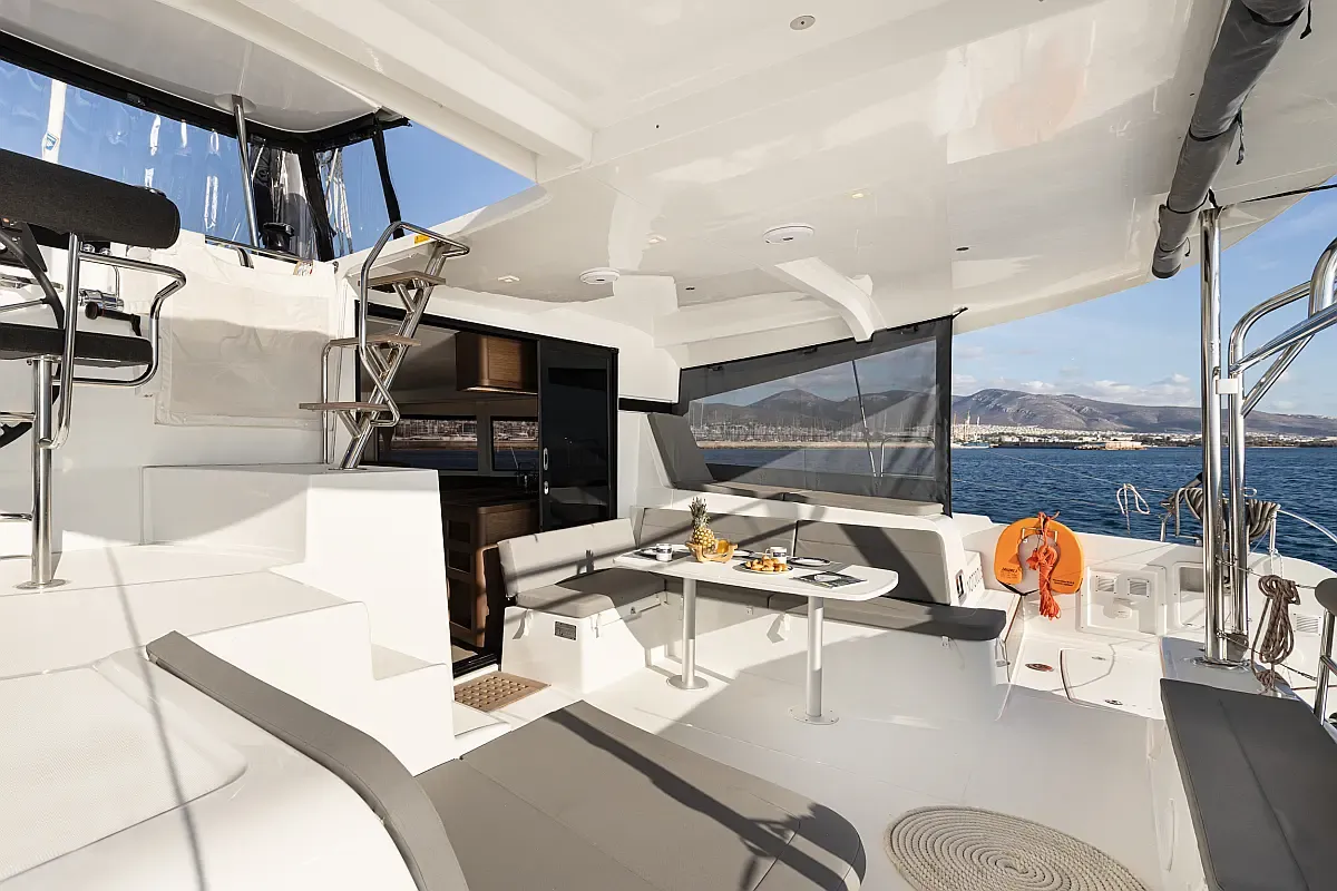 Deck of Notorious, a Lagoon 42 catamaran at Lefkada, Greece