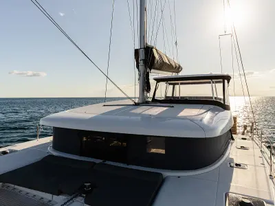 Deck of Notorious, a Lagoon 42 catamaran at Lefkada, Greece