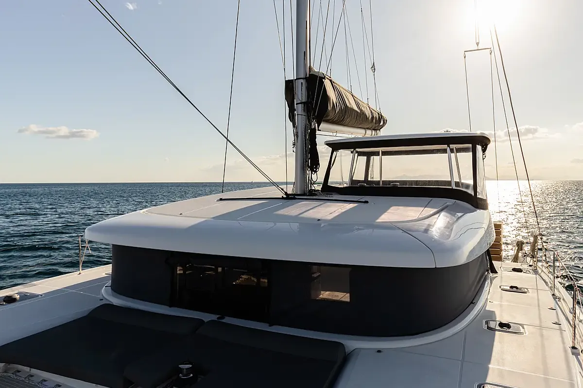 Deck of Notorious, a Lagoon 42 catamaran at Lefkada, Greece