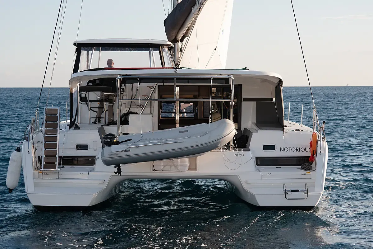Exterior view of Notorious, a Lagoon 42 catamaran at Lefkada, Greece