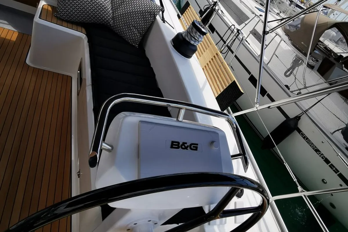 Cockpit of Marie, a Bavaria Cruiser 51 sailboat at Seget Donji, Croatia