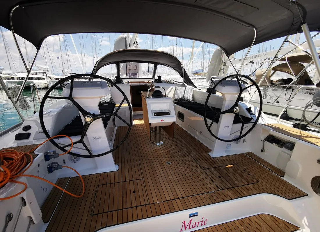 Cockpit of Marie, a Bavaria Cruiser 51 sailboat at Seget Donji, Croatia
