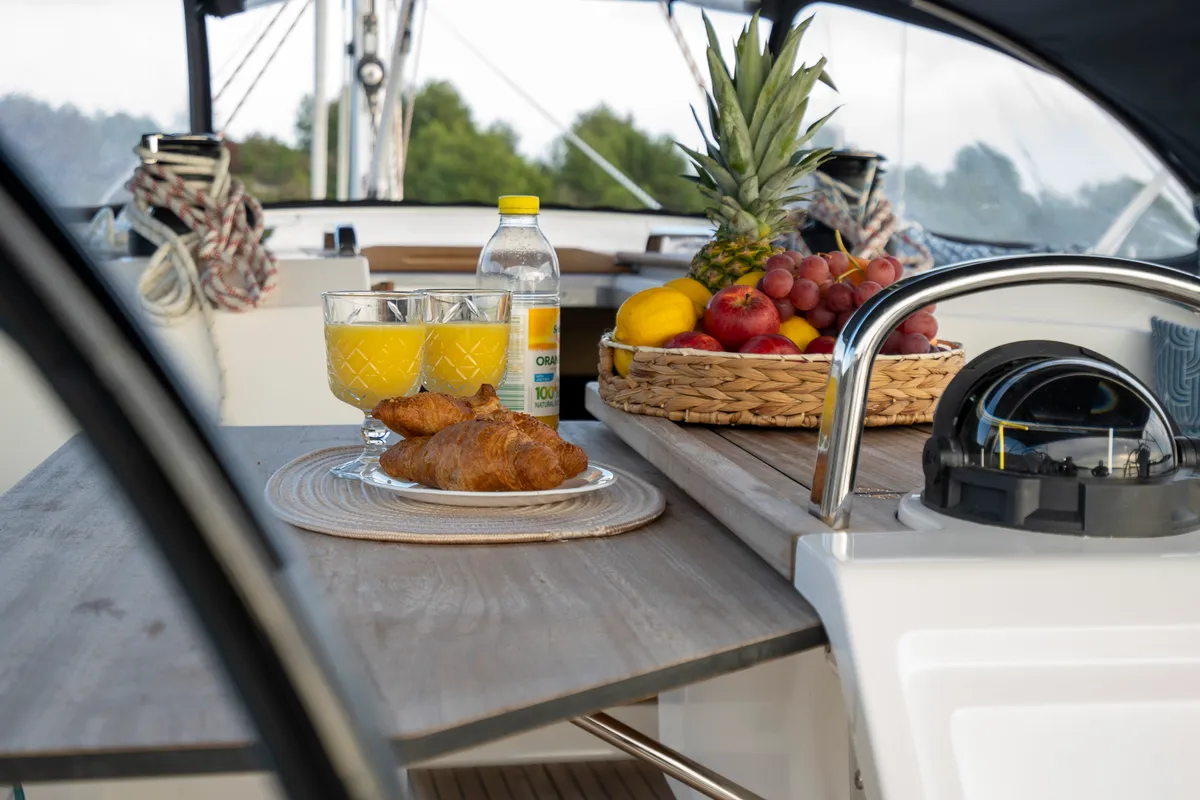 Deck of Marie, a Bavaria Cruiser 51 sailboat at Seget Donji, Croatia