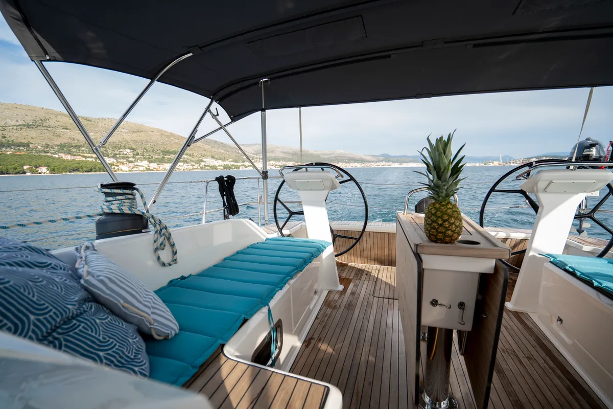Deck of Marie, a Bavaria Cruiser 51 sailboat at Seget Donji, Croatia