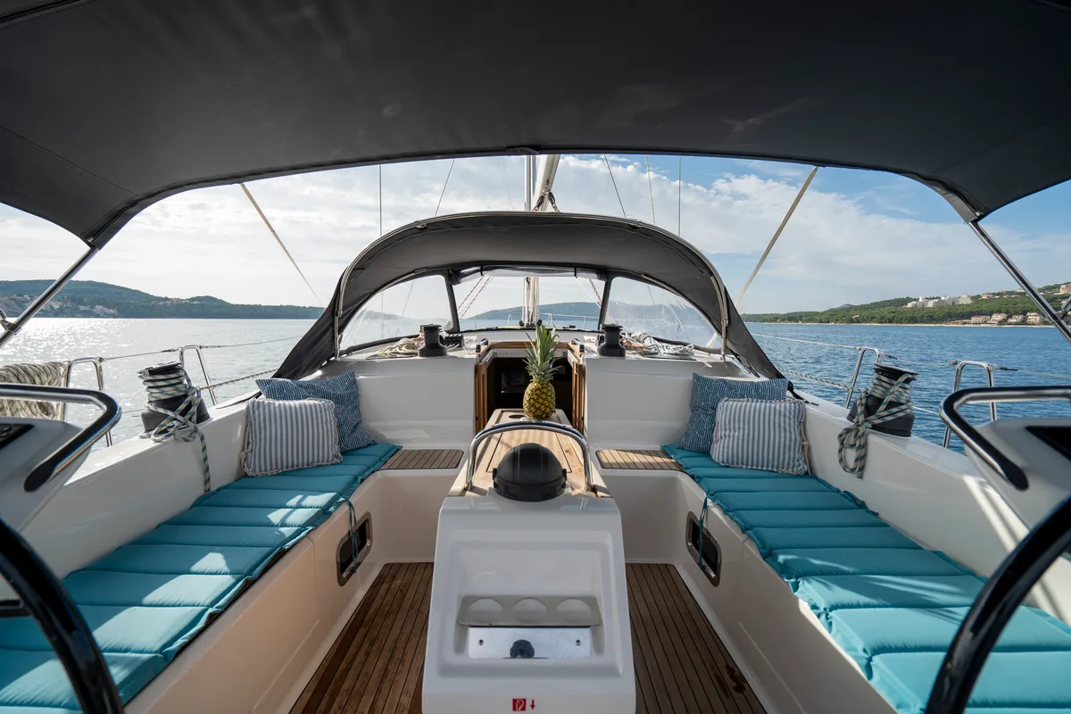 Deck of Marie, a Bavaria Cruiser 51 sailboat at Seget Donji, Croatia