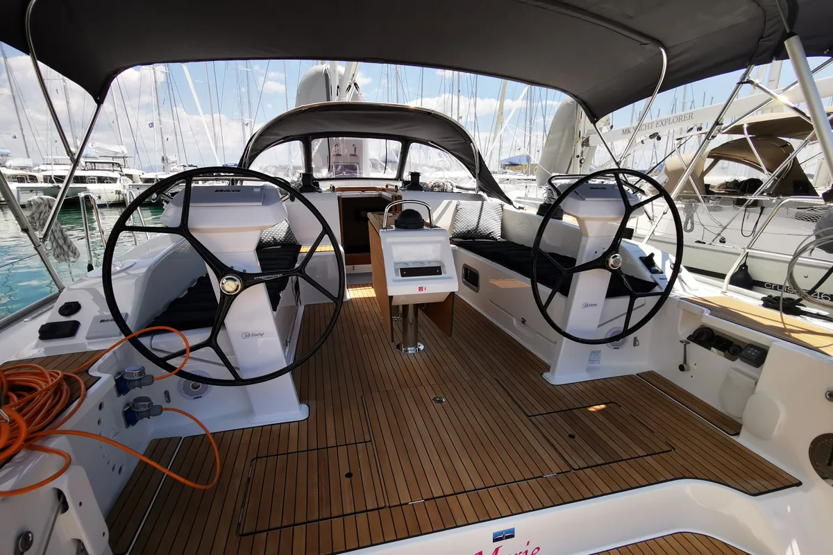 Cockpit of Marie, a Bavaria Cruiser 51 sailboat at Seget Donji, Croatia
