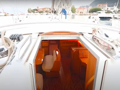 Salon of Melodia, a Bavaria 50 Cruiser sailboat at Horta, Portugal