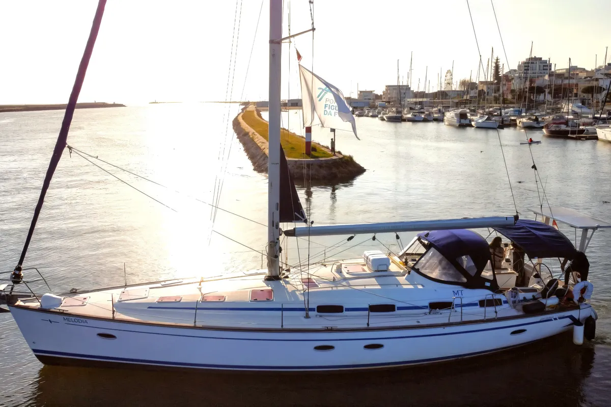 Exterior view of Melodia, a Bavaria 50 Cruiser sailboat at Horta, Portugal