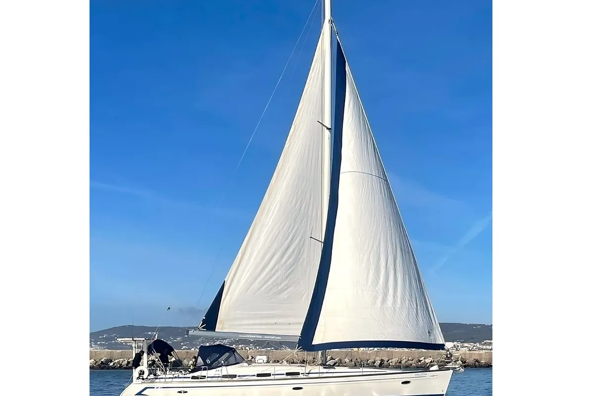 Exterior view of Melodia, a Bavaria 50 Cruiser sailboat at Horta, Portugal
