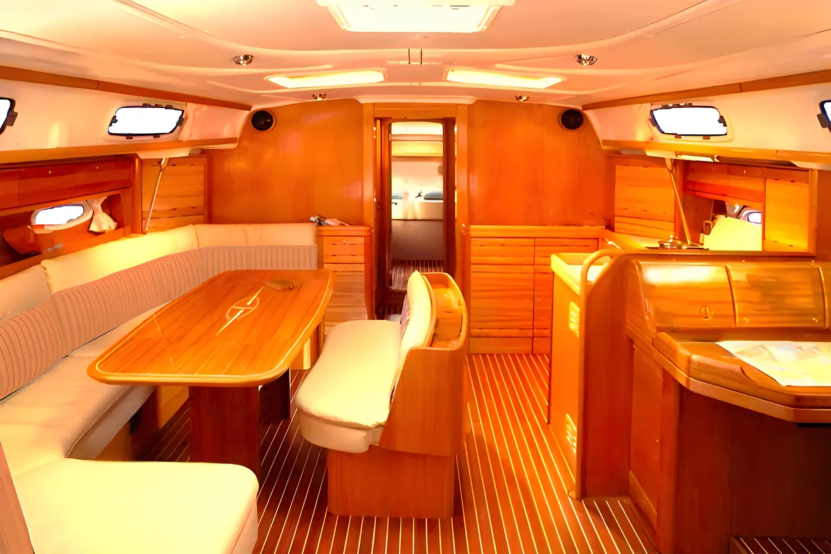 Salon of Melodia, a Bavaria 50 Cruiser sailboat at Horta, Portugal