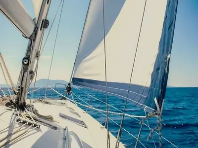 Deck of Melodia, a Bavaria 50 Cruiser sailboat at Horta, Portugal