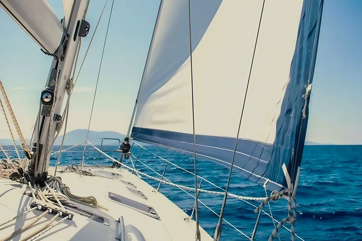 Deck of Melodia, a Bavaria 50 Cruiser sailboat at Horta, Portugal