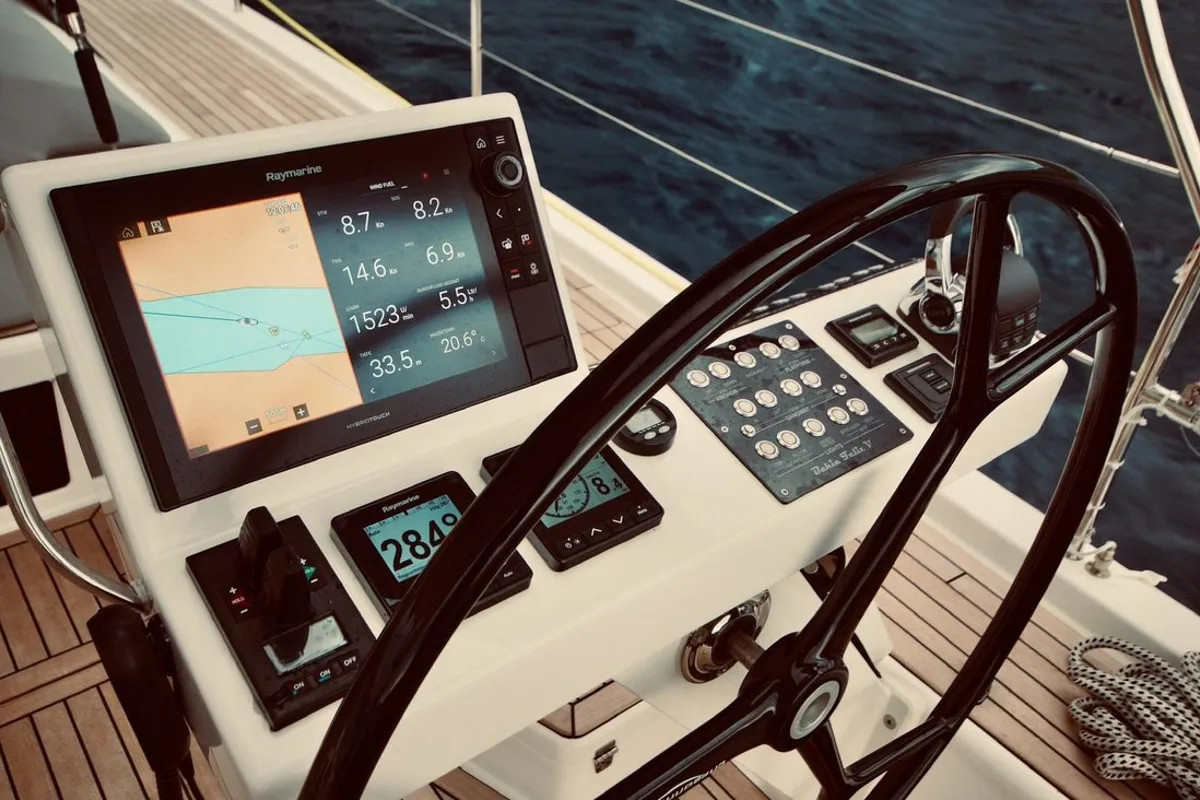 Cockpit of Bahia Feliz V, a Dufour Exclusive 63 sailboat at Primošten, Croatia