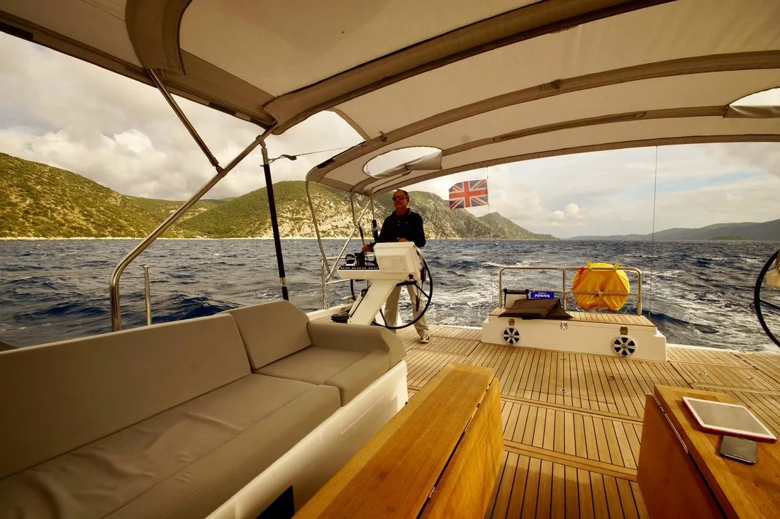 Cockpit of Bahia Feliz V, a Dufour Exclusive 63 sailboat at Primošten, Croatia