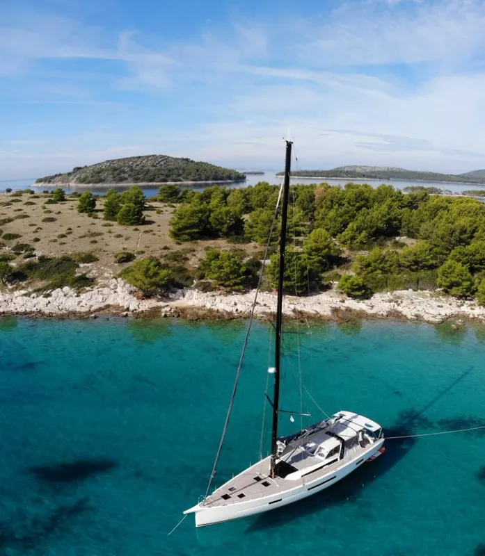 Exterior view of Bahia Feliz V, a Dufour Exclusive 63 sailboat at Primošten, Croatia