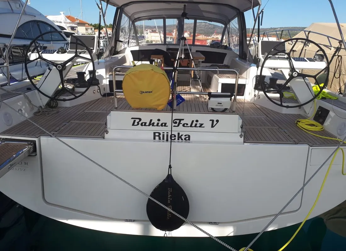 Cockpit of Bahia Feliz V, a Dufour Exclusive 63 sailboat at Primošten, Croatia