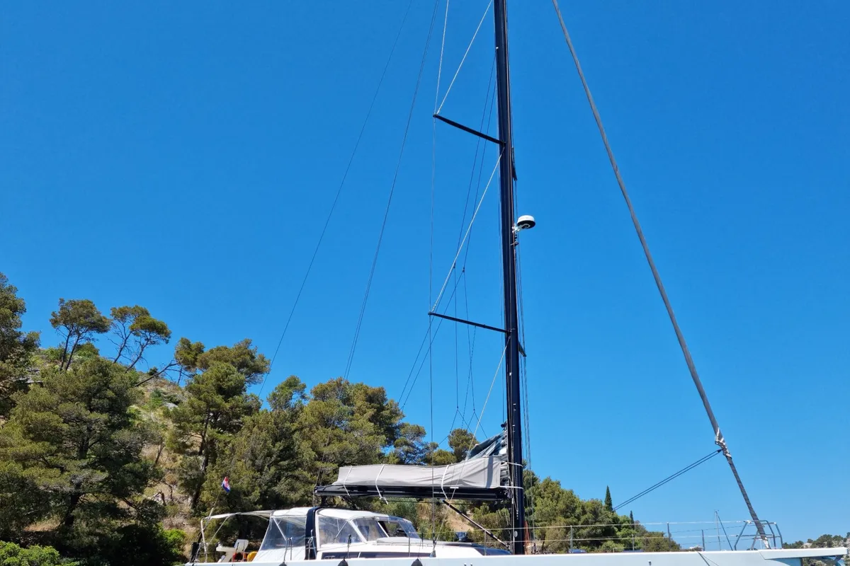 Exterior view of Bahia Feliz V, a Dufour Exclusive 63 sailboat at Primošten, Croatia