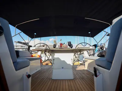 Cockpit of Luna Blu, a D&D Kufner 50 sailboat at Salerno, Italy