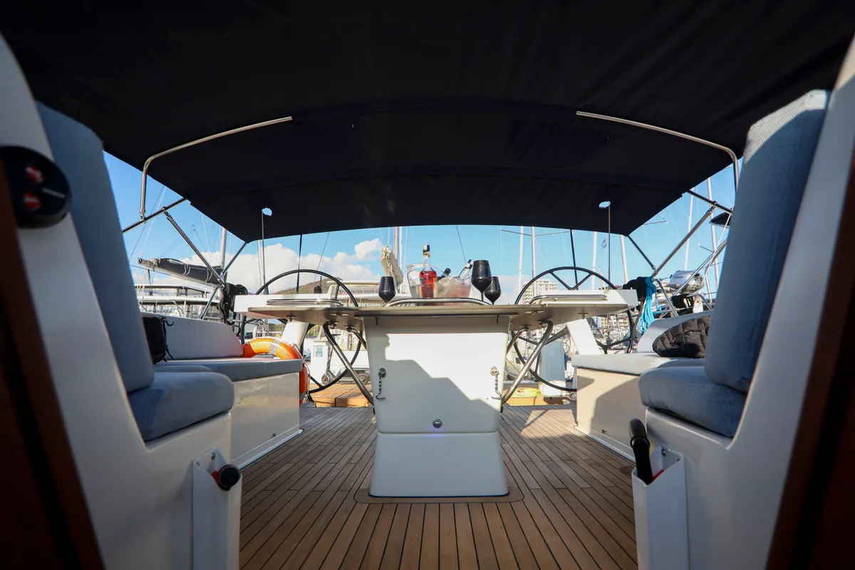 Cockpit of Luna Blu, a D&D Kufner 50 sailboat at Salerno, Italy