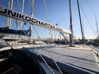 Deck of Luna Blu, a D&D Kufner 50 sailboat at Salerno, Italy