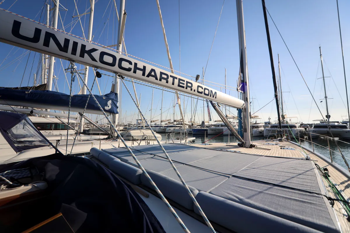 Deck of Luna Blu, a D&D Kufner 50 sailboat at Salerno, Italy