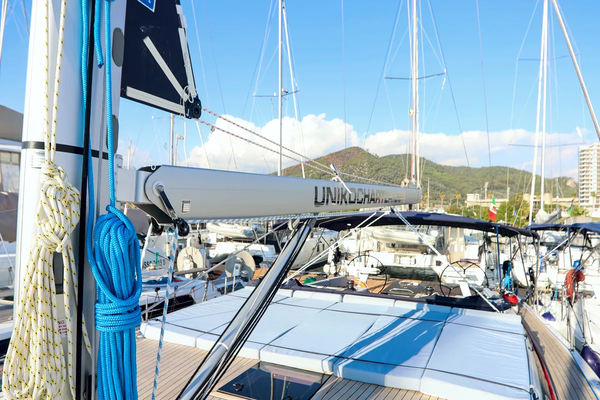 Deck of Luna Blu, a D&D Kufner 50 sailboat at Salerno, Italy