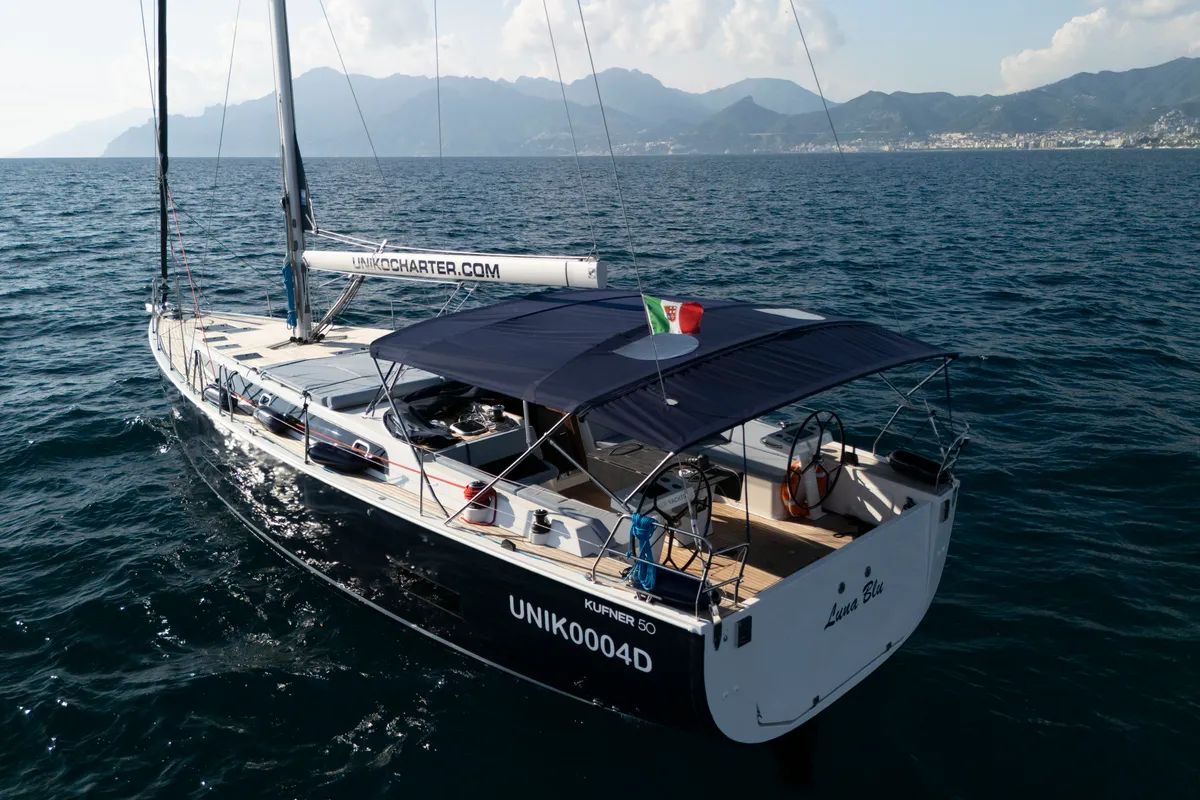Exterior view of Luna Blu, a D&D Kufner 50 sailboat at Salerno, Italy