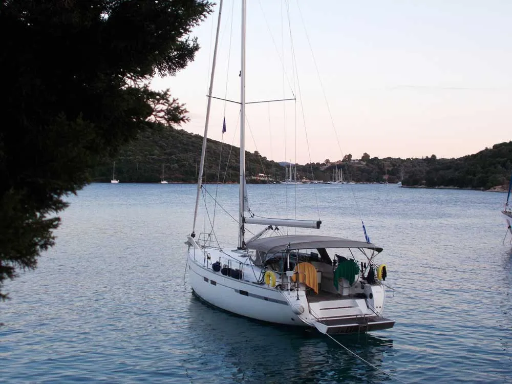 Deck of Destiny, a Bavaria Cruiser 45 sailboat at Kontokali, Greece