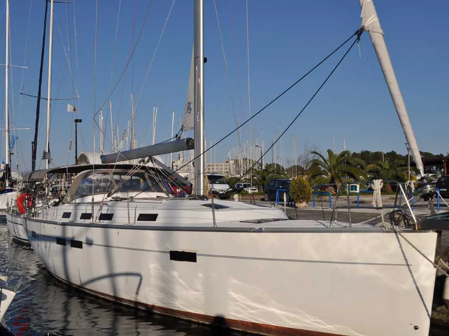 Exterior view of Destiny, a Bavaria Cruiser 45 sailboat at Kontokali, Greece