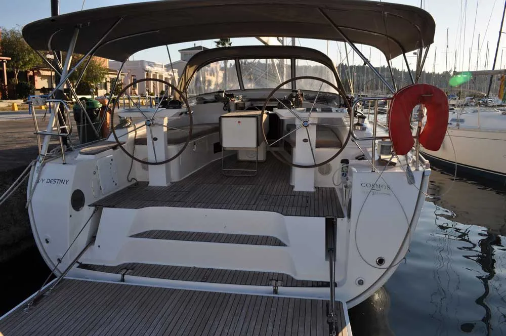 Exterior view of Destiny, a Bavaria Cruiser 45 sailboat at Kontokali, Greece