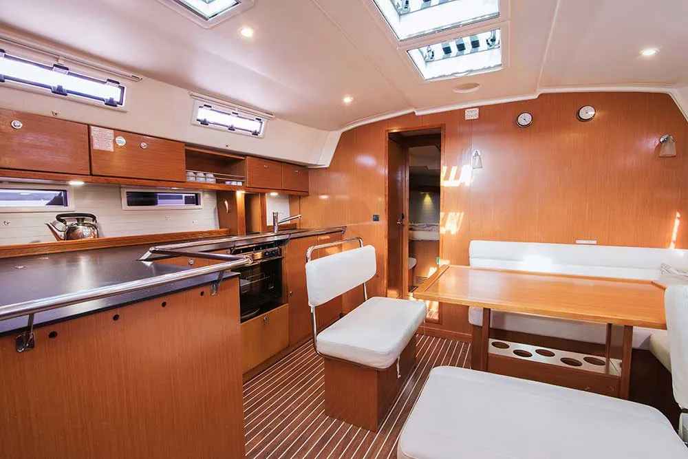 Exterior view of Destiny, a Bavaria Cruiser 45 sailboat at Kontokali, Greece