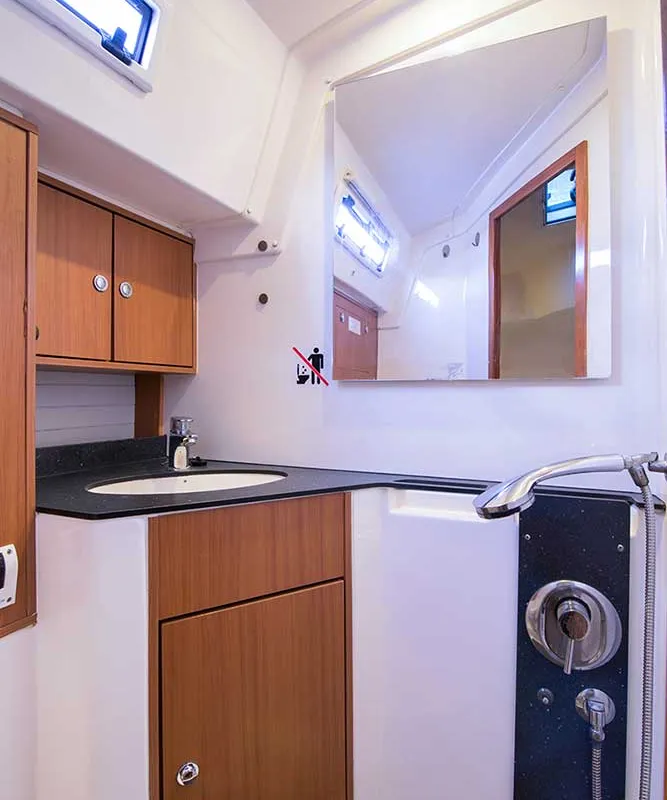 Exterior view of Destiny, a Bavaria Cruiser 45 sailboat at Kontokali, Greece