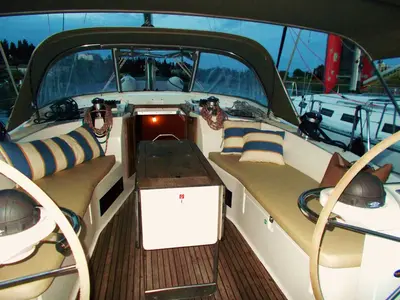 Cabin on Destiny, a Bavaria Cruiser 45 sailboat at Kontokali, Greece