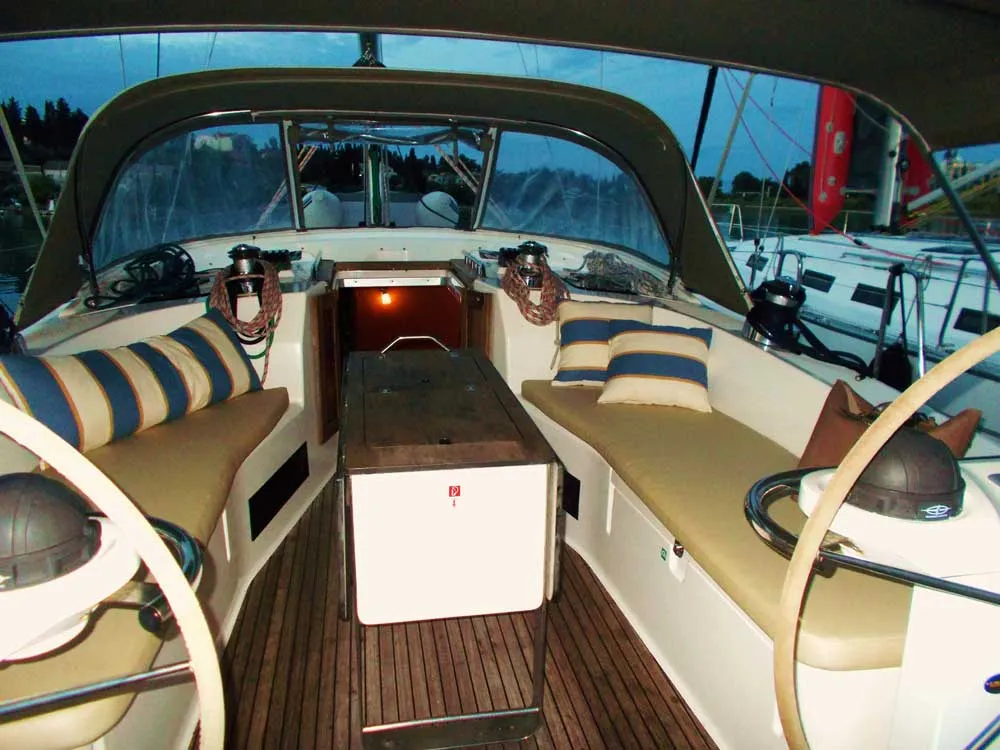 Cabin on Destiny, a Bavaria Cruiser 45 sailboat at Kontokali, Greece