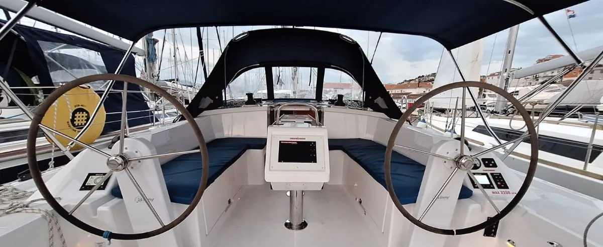 Cockpit of Papagena, a Bavaria C38 sailboat at Grad Šibenik, Croatia