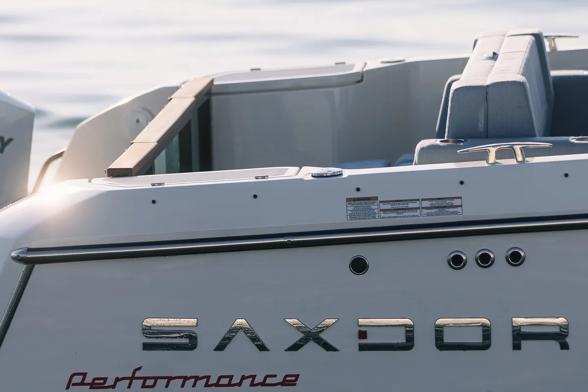 Exterior view of Aquallou, a Saxdor 270 GTO motorboat at Anavissos, Greece