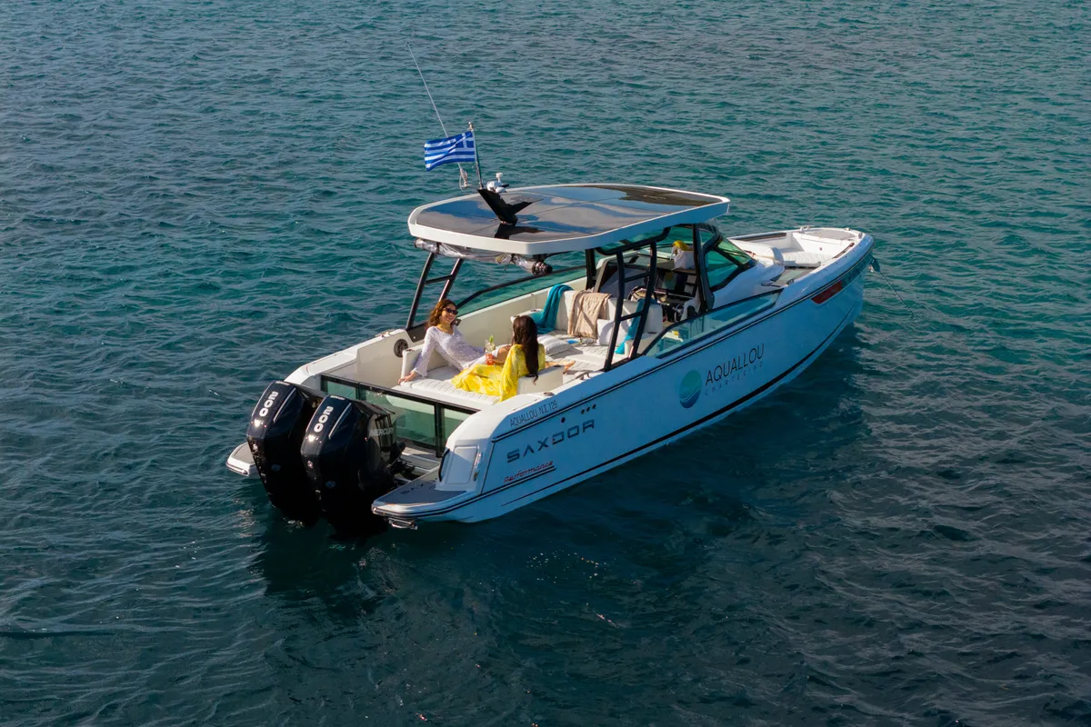 Exterior view of Aquallou, a Saxdor 270 GTO motorboat at Anavissos, Greece