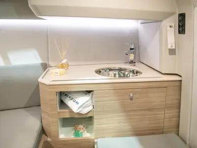 Galley of Aquallou, a Saxdor 270 GTO motorboat at Anavissos, Greece