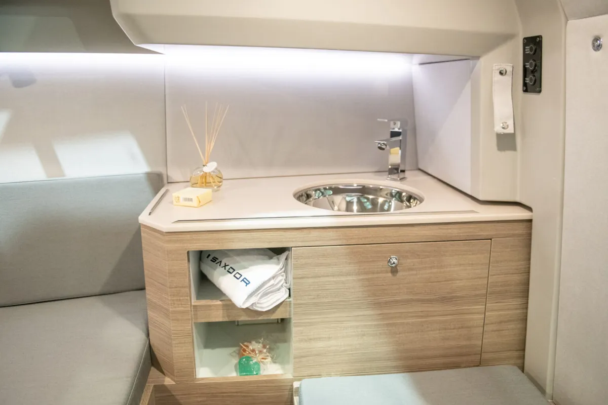 Galley of Aquallou, a Saxdor 270 GTO motorboat at Anavissos, Greece