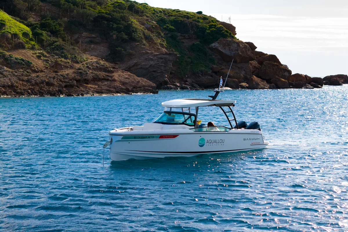 Exterior view of Aquallou, a Saxdor 270 GTO motorboat at Anavissos, Greece
