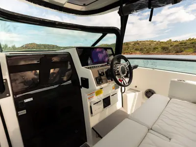 Cockpit of Aquallou, a Saxdor 270 GTO motorboat at Anavissos, Greece