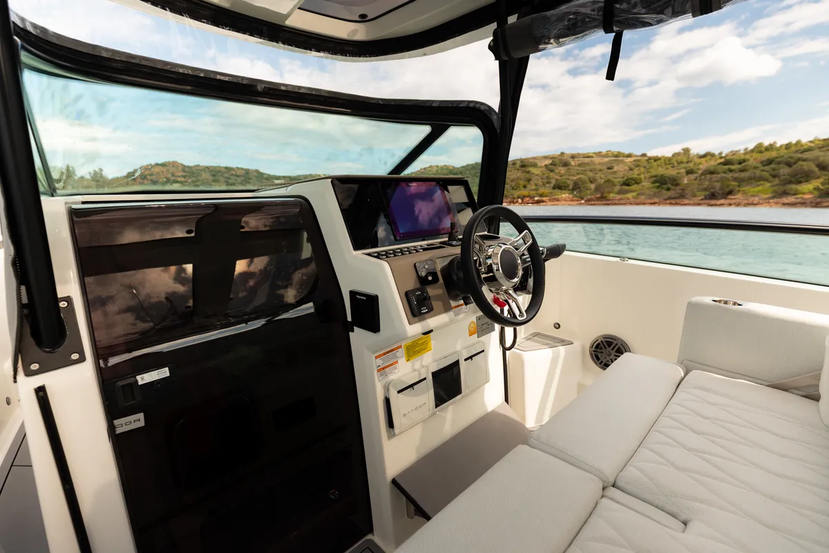 Cockpit of Aquallou, a Saxdor 270 GTO motorboat at Anavissos, Greece