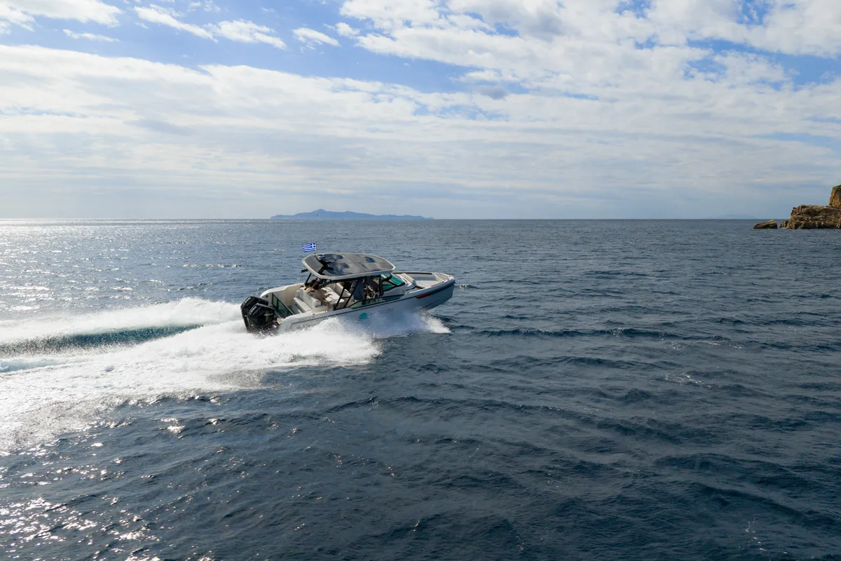 Exterior view of Aquallou, a Saxdor 270 GTO motorboat at Anavissos, Greece