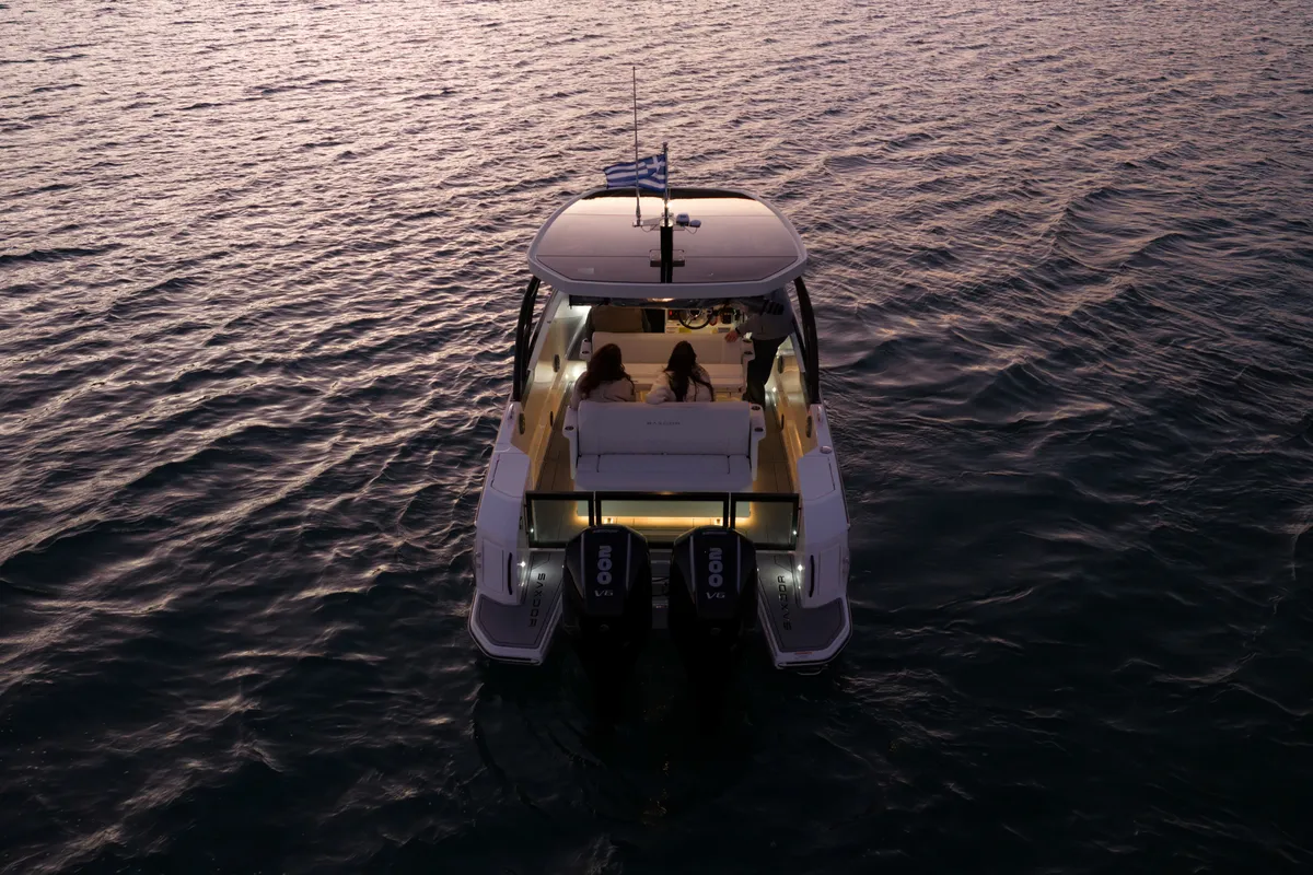 Exterior view of Aquallou, a Saxdor 270 GTO motorboat at Anavissos, Greece