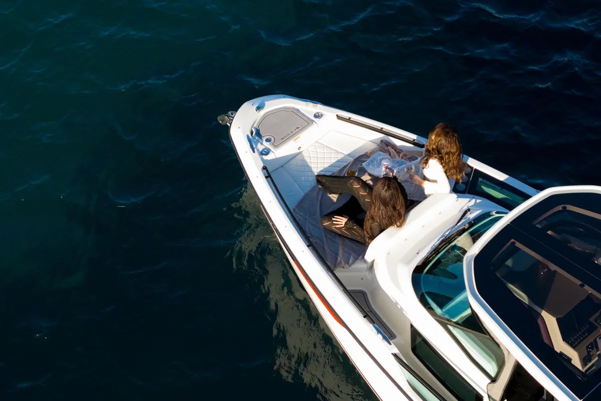 Exterior view of Aquallou, a Saxdor 270 GTO motorboat at Anavissos, Greece