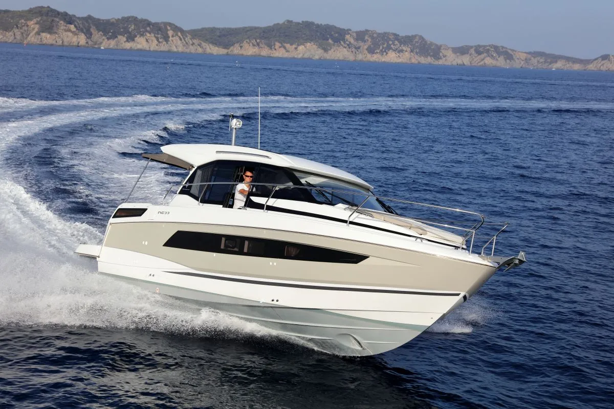 Exterior view of Feel the Beat, a Jeanneau NC 33 motorboat at Barth, Germany