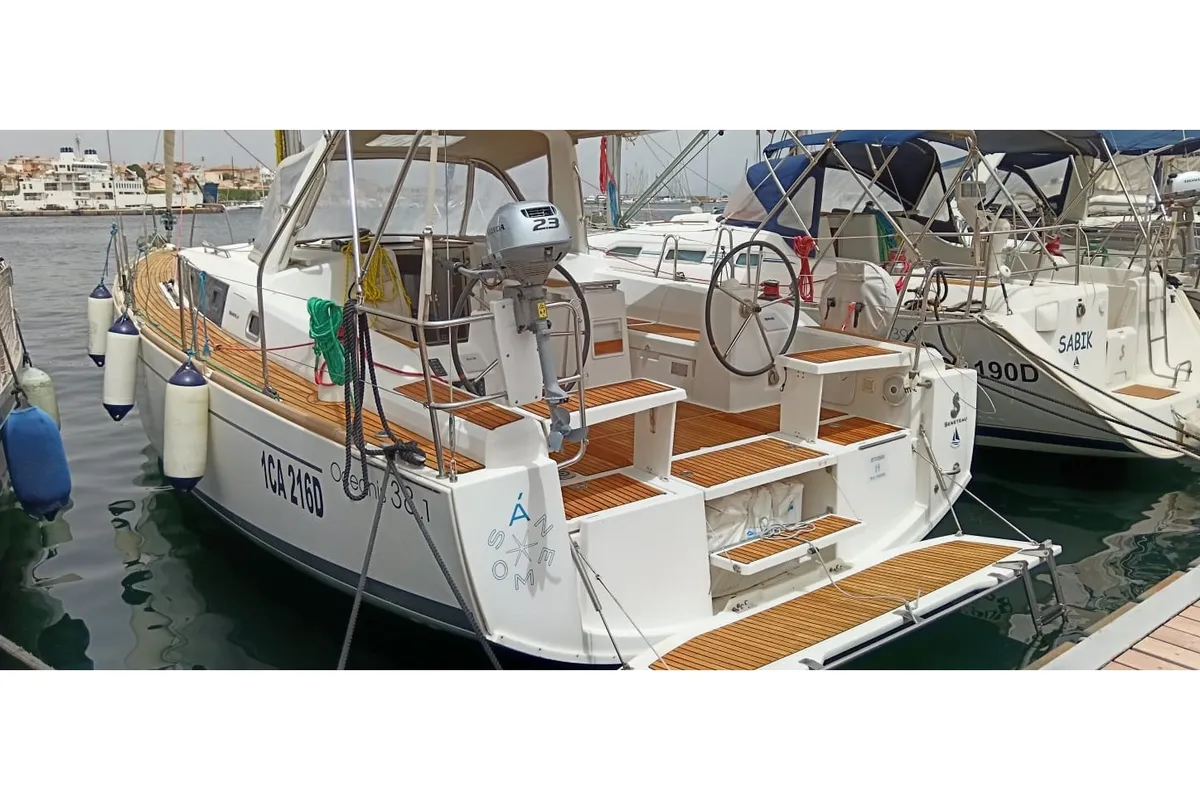 Exterior view of Ánemos, a Beneteau Oceanis 38 sailboat at U Pàize/Carloforte, Italy