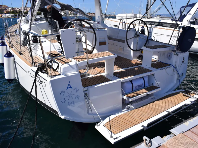 Cockpit of Ánemos, a Beneteau Oceanis 38 sailboat at U Pàize/Carloforte, Italy