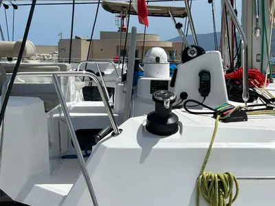 Cockpit of Kanè, a Bali Catspace catamaran at Capo d'Orlando, Italy
